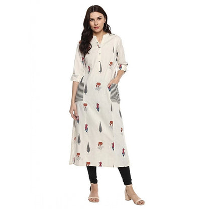 Generic Women's Khadi Printed A Line Kurti (Off White, Khadi) - Women's Kurti | POPNOVA