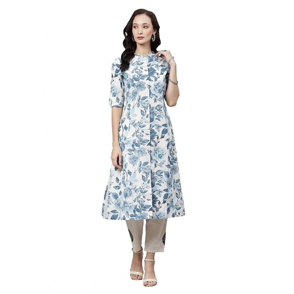 Women's Cotton Printed Floral Print Kurti - White, Blue, Cotton