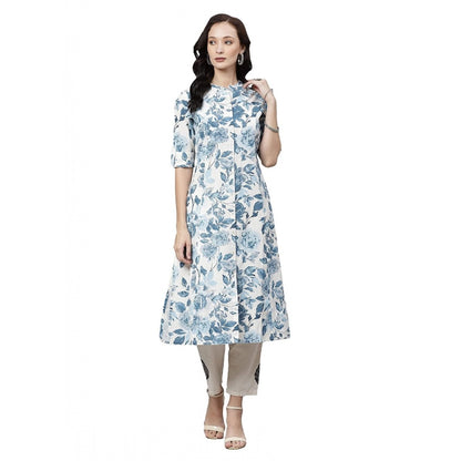 Generic Women's Cotton Printed Floral Print Kurti (White, Blue, Cotton) - Women's Kurti | POPNOVA