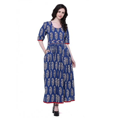 Generic Women's Cotton Printed Anarkali Kurti (Blue, Cotton) - Women's Kurti | POPNOVA
