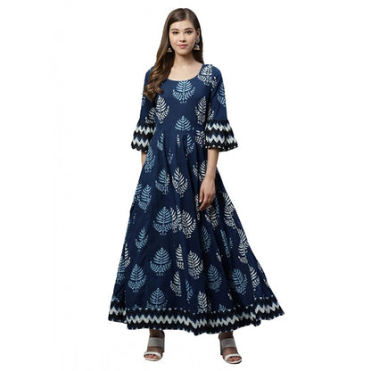 Generic Women's Cotton  Printed Regular Kurti (Blue, Cotton ) - Women's Dress | POPNOVA
