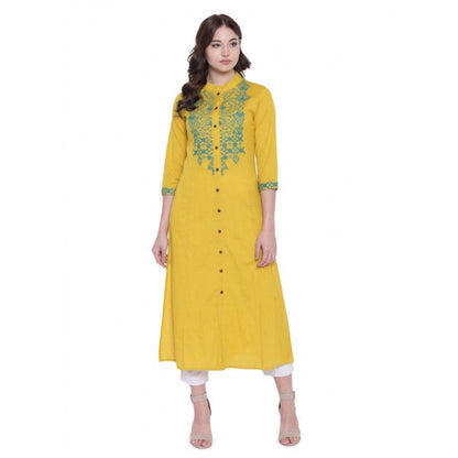 Generic Women's Khadi Embroidered Kurti (Yellow, Khadi) - Women's Kurti | POPNOVA