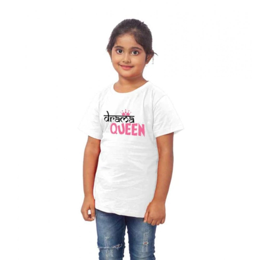 Girls Cotton Drama Queen Half Sleeve T-Shirt - White