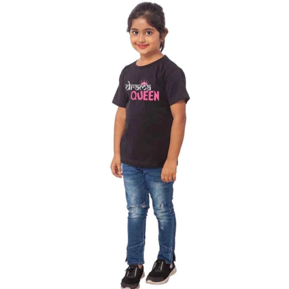 Girls Cotton Drama Queen Half Sleeve T-Shirt - Black