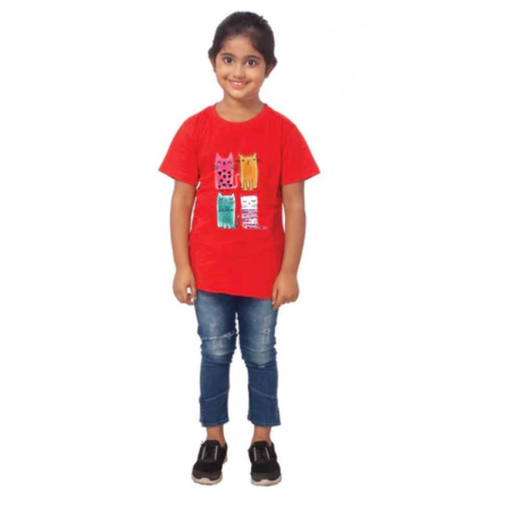 Girls Cotton Cat Half Sleeve T-Shirt - Red