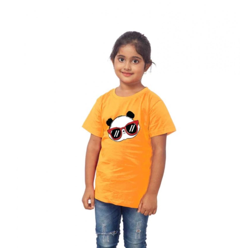 Girls Cotton Panda Glass Half Sleeve T-Shirt - Mustard