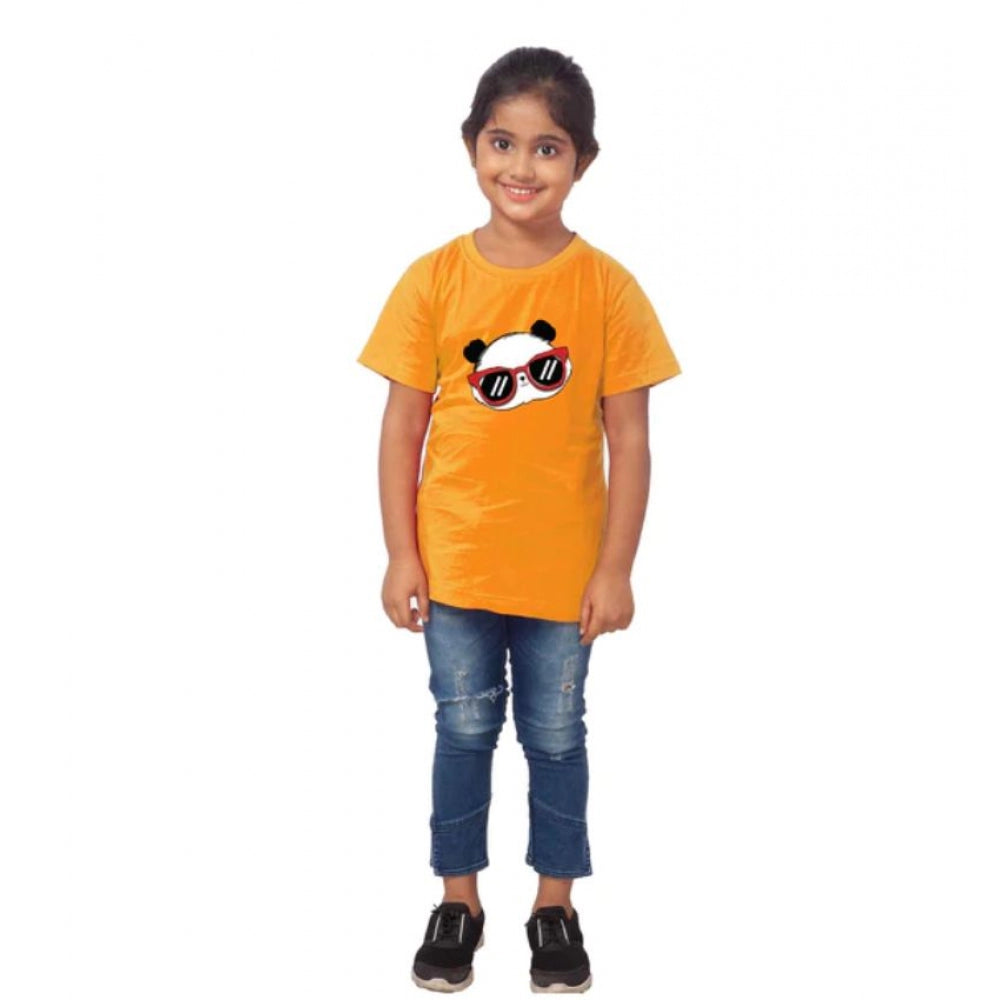 Girls Cotton Panda Glass Half Sleeve T-Shirt - Mustard