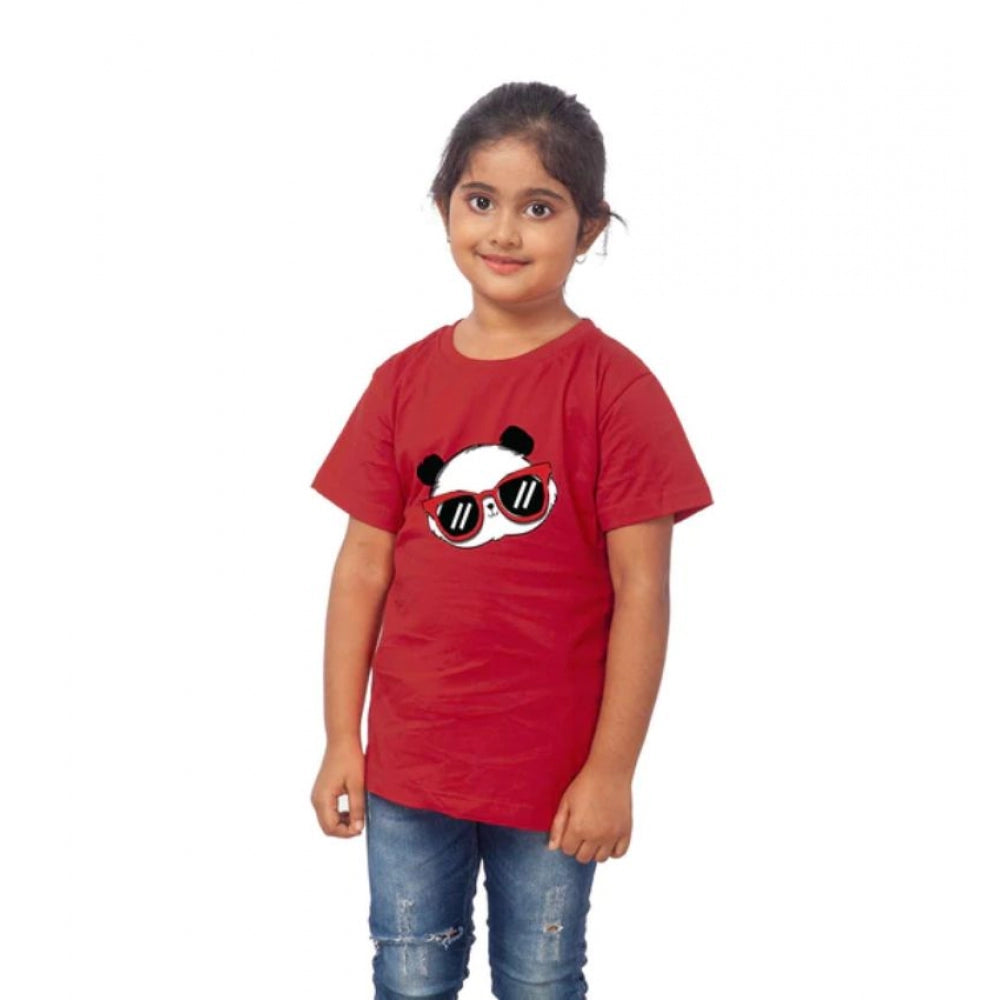 Girls Cotton Panda Glass Half Sleeve T-Shirt - Maroon