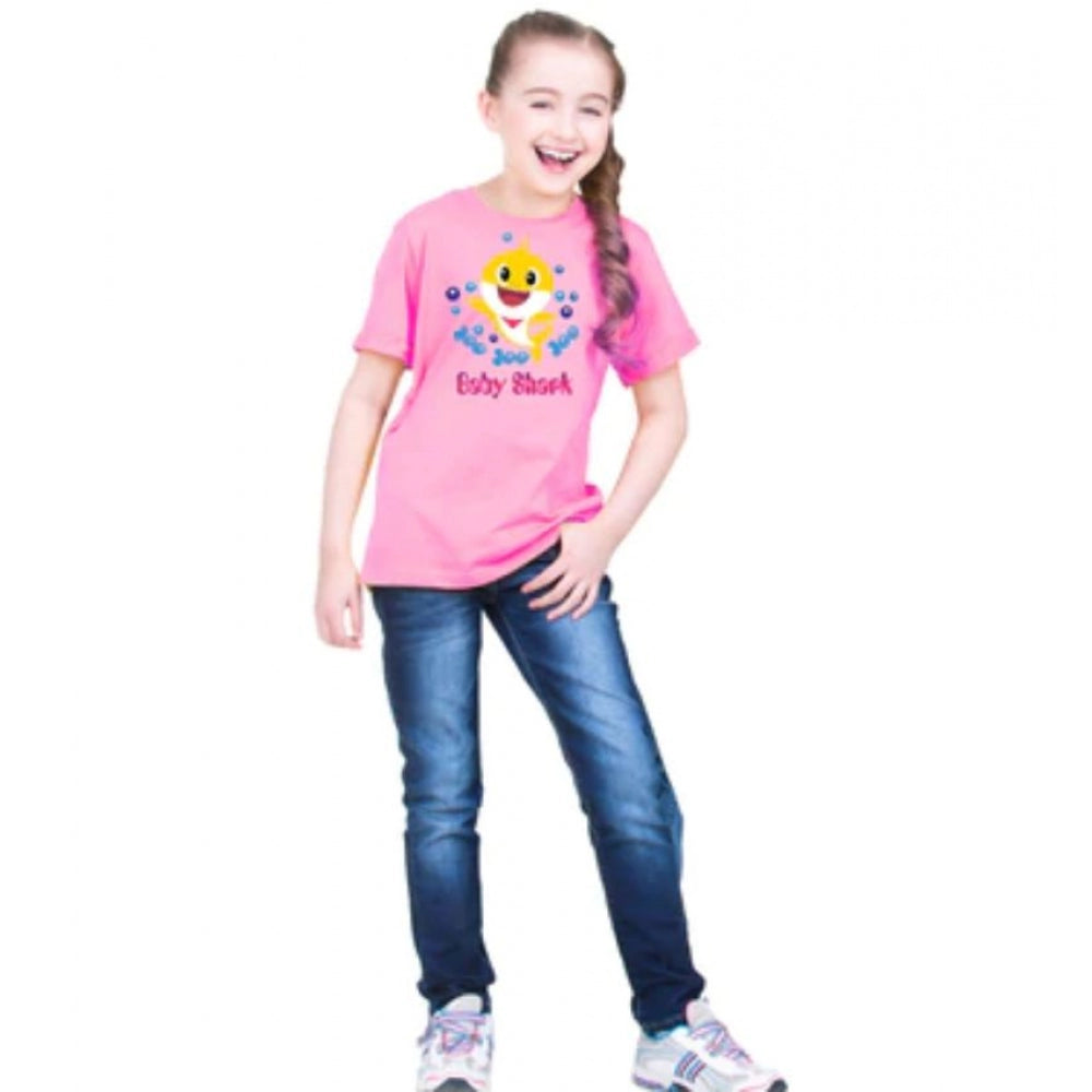 Girls Cotton Baby Shark Half Sleeve T-Shirt - Pink