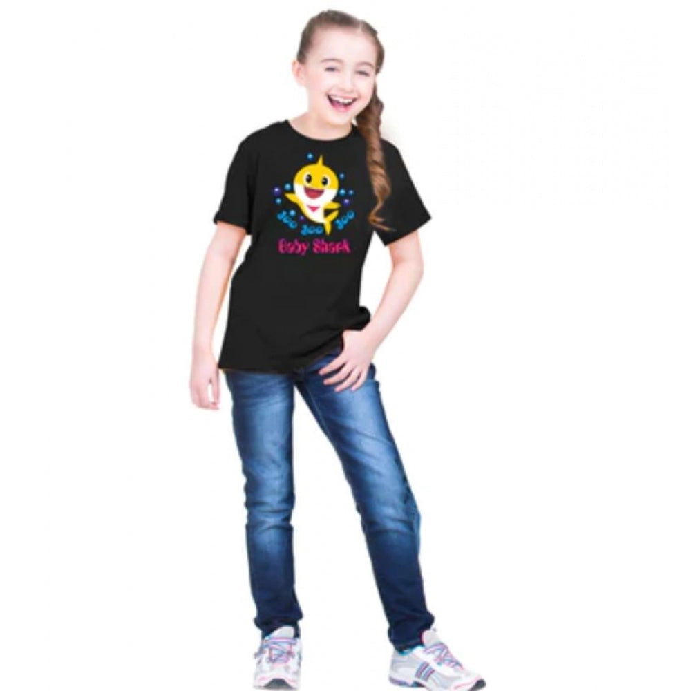 Girls Cotton Baby Shark Half Sleeve T-Shirt - Black