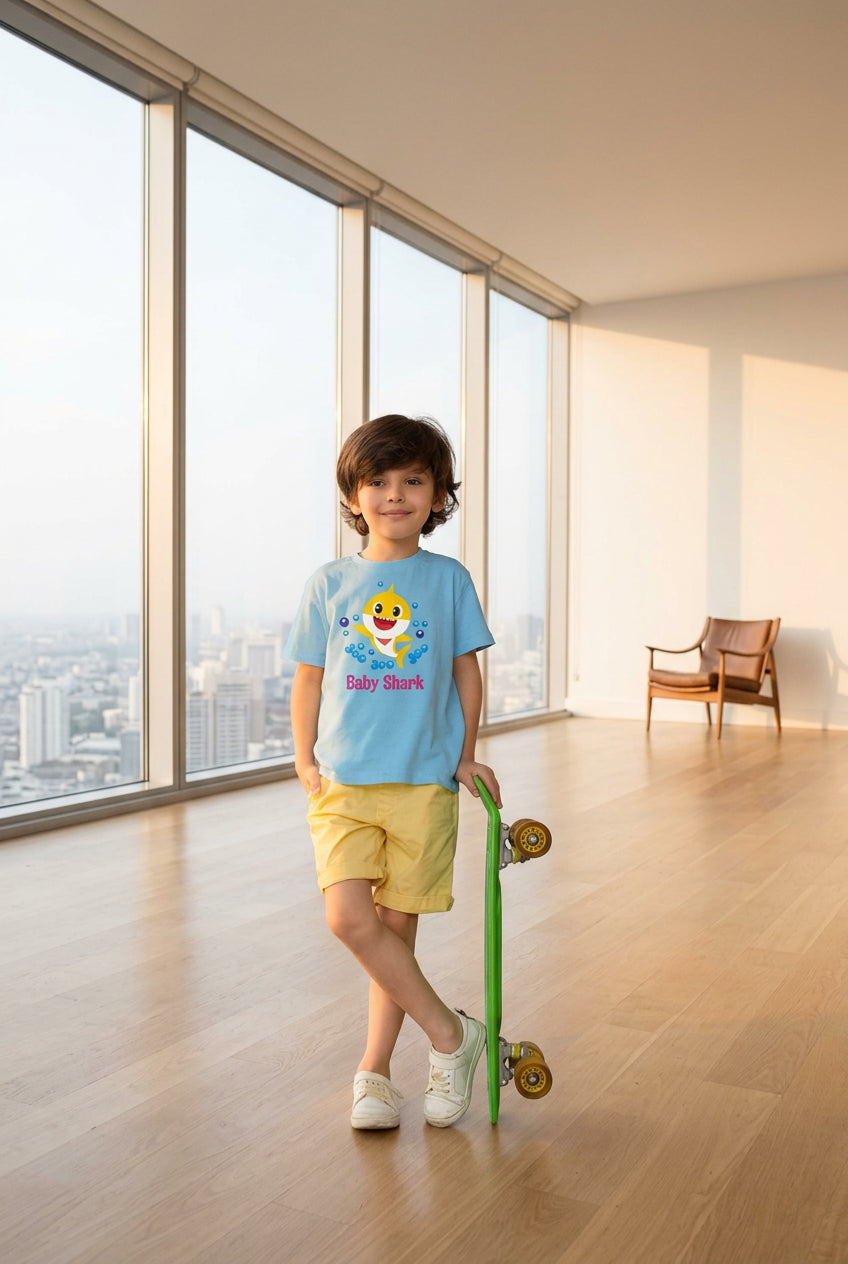 Boys Cotton Baby Shark Half Sleeve T-Shirt (Blue) - kids clothing at POPNOVA