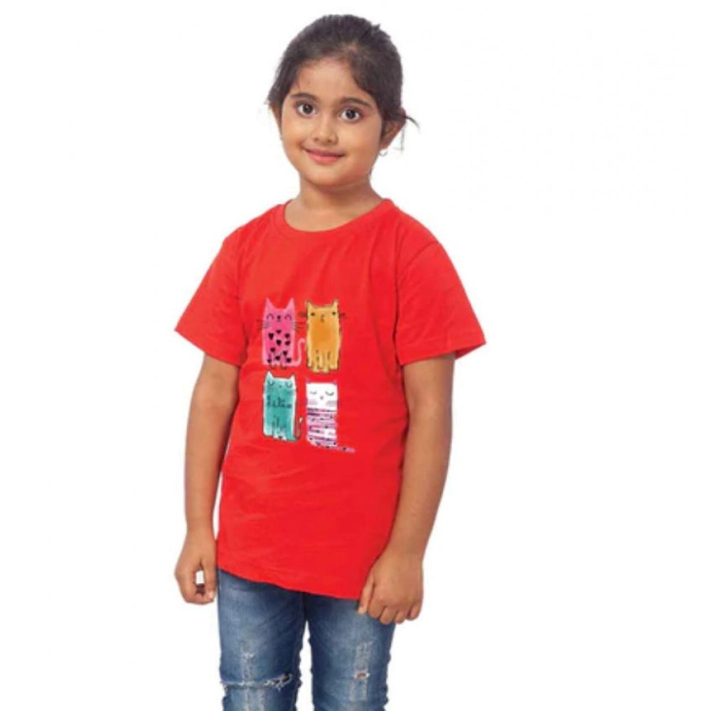 Girls Cotton Cat Half Sleeve T-Shirt - Red