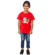 Girls Cotton Unicorn Face Half Sleeve T-Shirt - Red