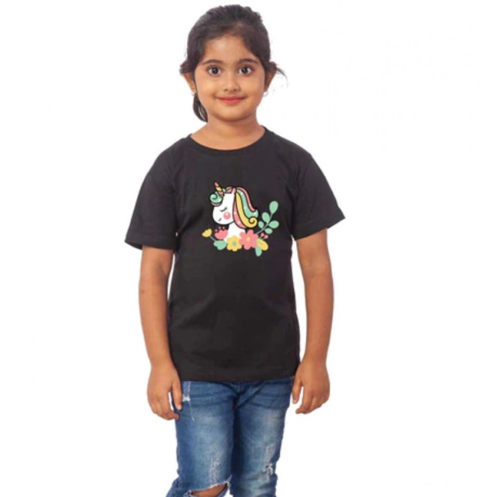 Girls Cotton Unicorn Face Half Sleeve T-Shirt - Black