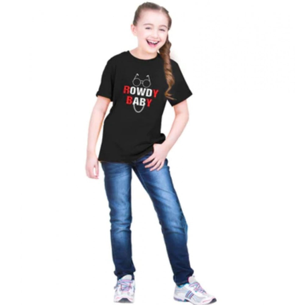 Girls Cotton Rowdy Baby Half Sleeve T-Shirt - Black