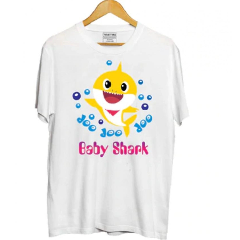 Boys Cotton Baby Shark Half Sleeve T-Shirt - White