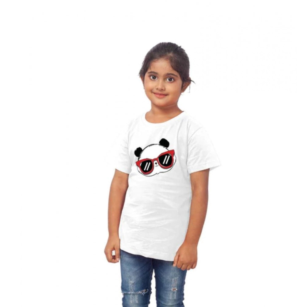 Girls Cotton Panda Glass Half Sleeve T-Shirt - White