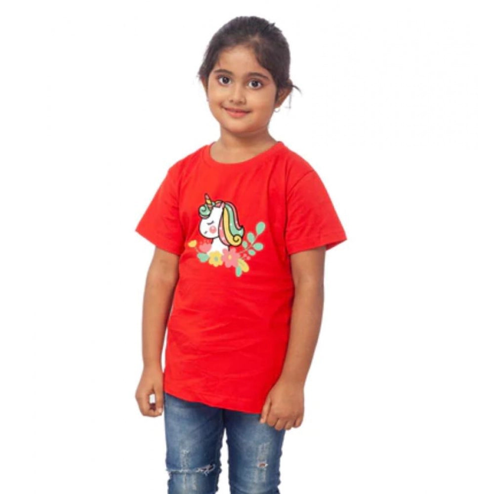 Girls Cotton Unicorn Face Half Sleeve T-Shirt - Red