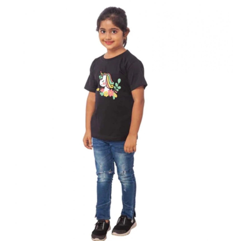 Girls Cotton Unicorn Face Half Sleeve T-Shirt - Black