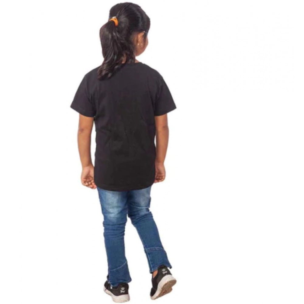 Girls Cotton Cat Half Sleeve T-Shirt - Black