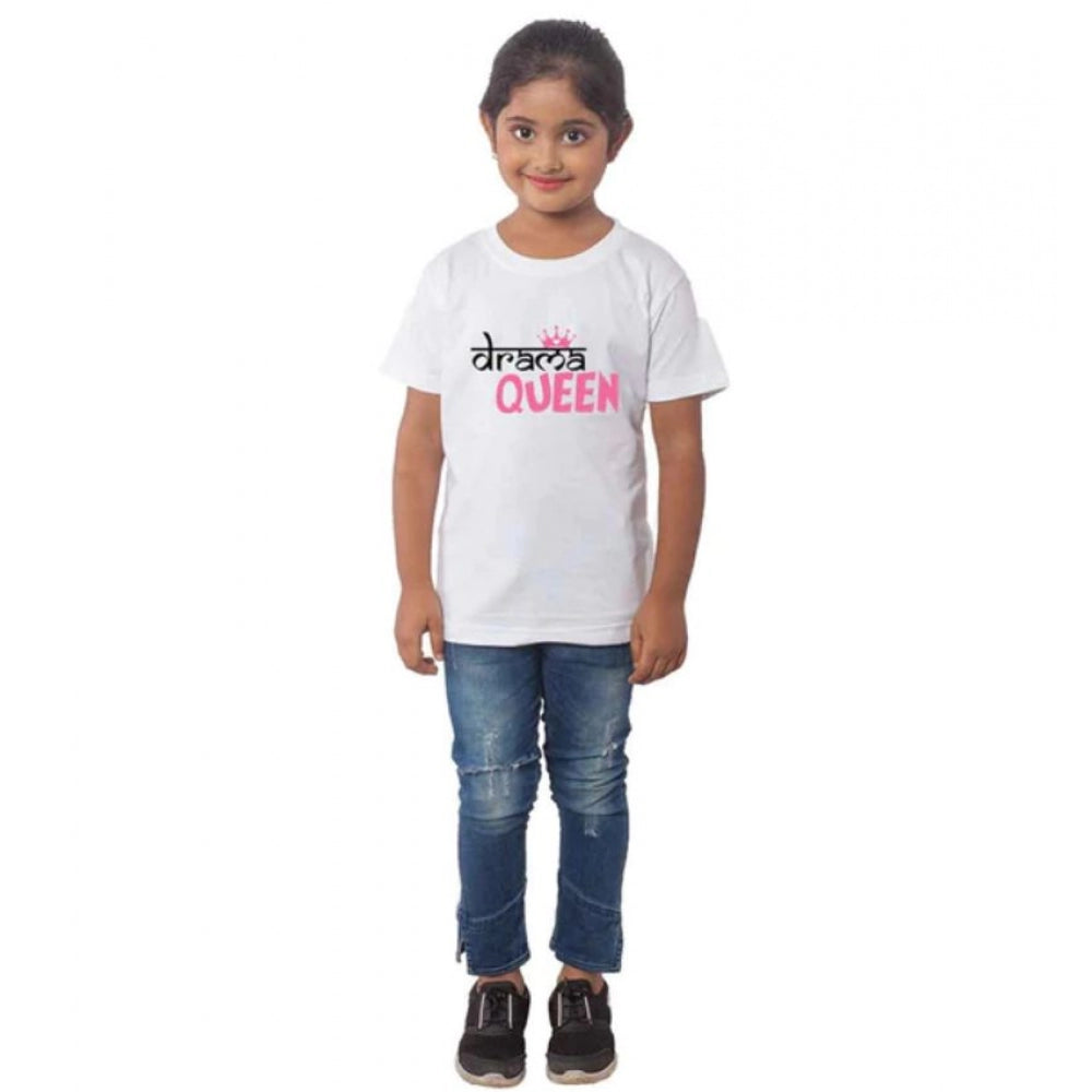 Girls Cotton Drama Queen Half Sleeve T-Shirt - White