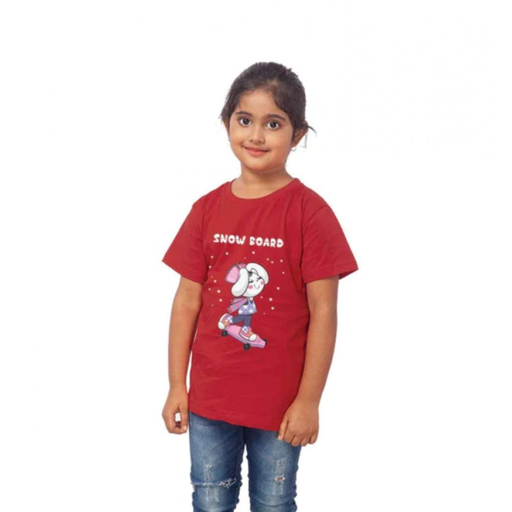 Girls Cotton Snow Board Half Sleeve T-Shirt - Maroon