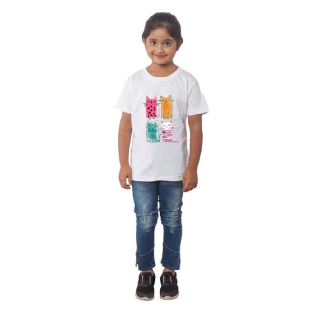 Girls Cotton Cat Half Sleeve T-Shirt - White
