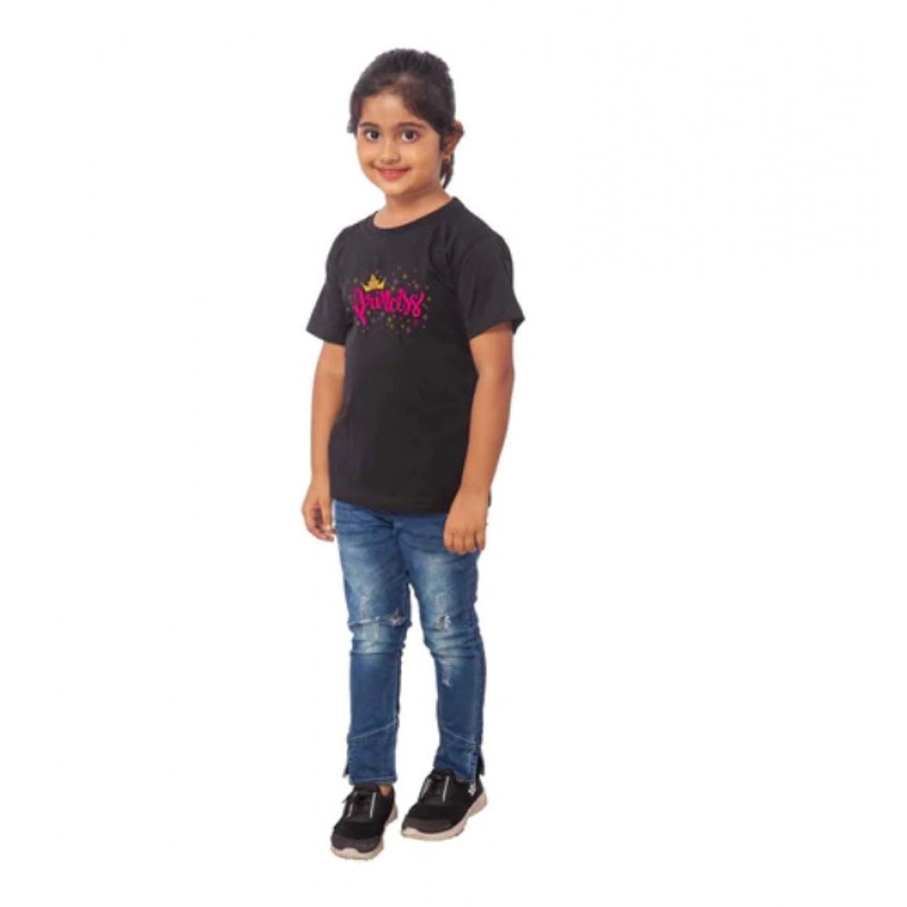Girls Cotton Princess Half Sleeve T-Shirt - Black