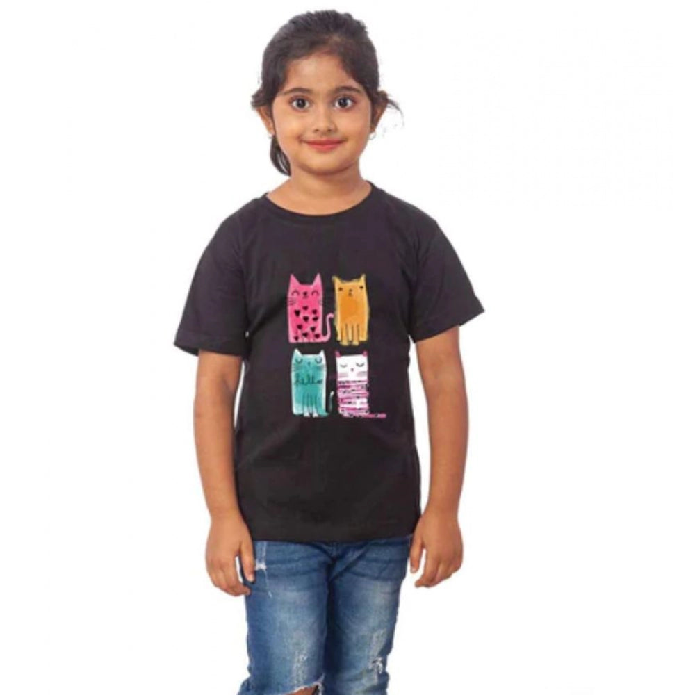 Girls Cotton Cat Half Sleeve T-Shirt - Black