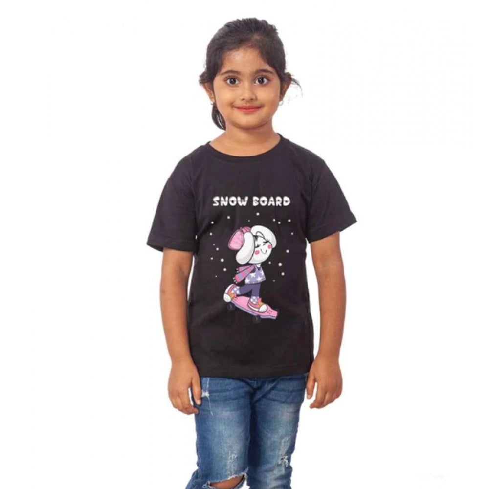 Girls Cotton Snow Board Half Sleeve T-Shirt - Black