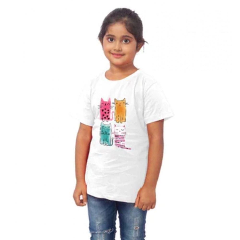 Girls Cotton Cat Half Sleeve T-Shirt - White