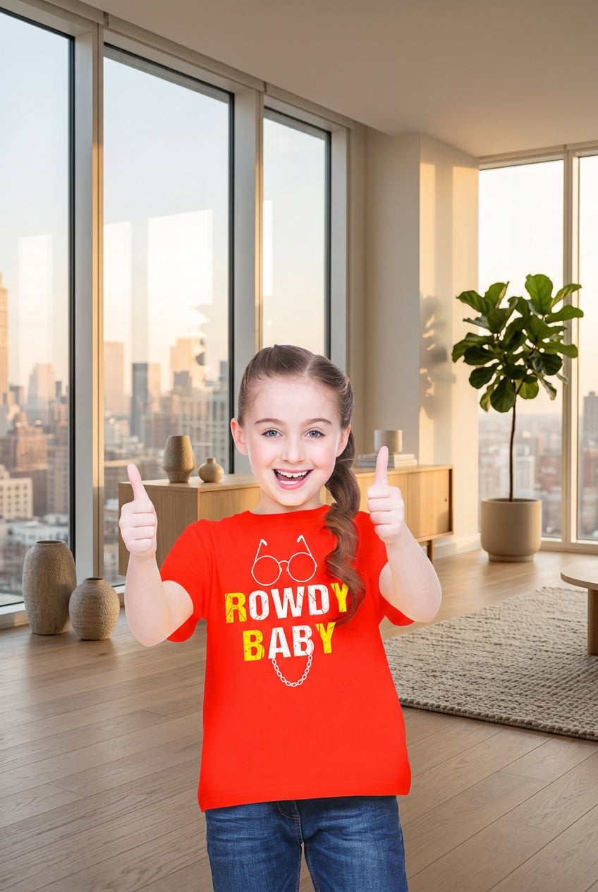 Girls Cotton Rowdy Baby Half Sleeve T-Shirt (Red) - kids clothing at POPNOVA