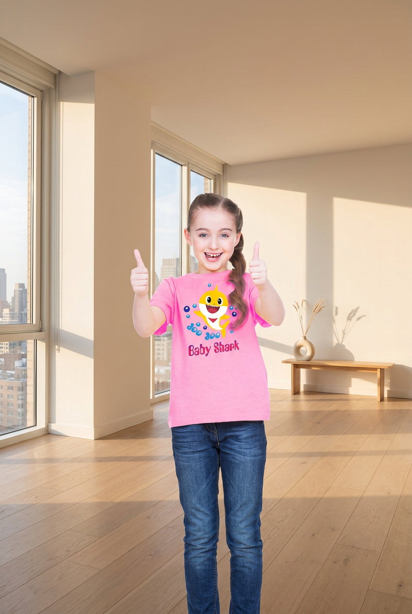 Girls Cotton Baby Shark Half Sleeve T-Shirt (Pink) - kids clothing at POPNOVA