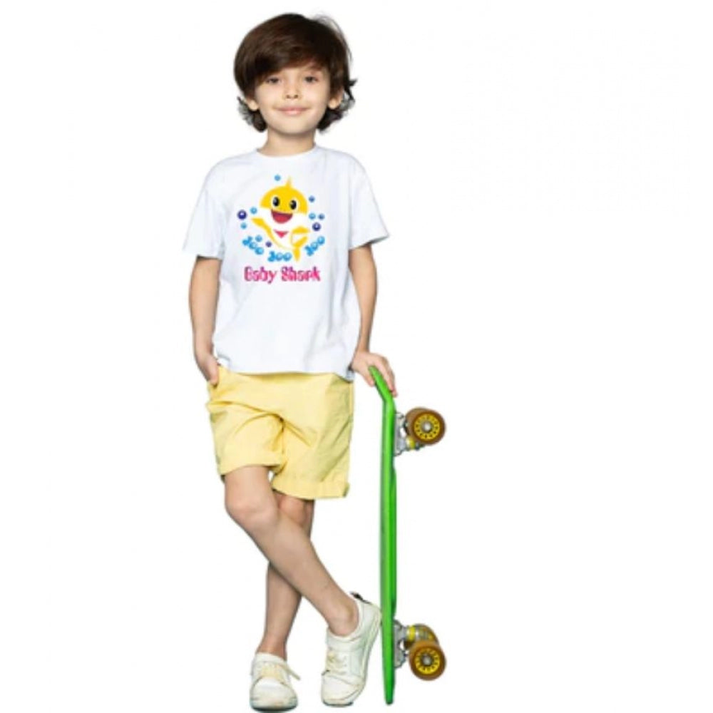 Boys Cotton Baby Shark Half Sleeve T-Shirt - White