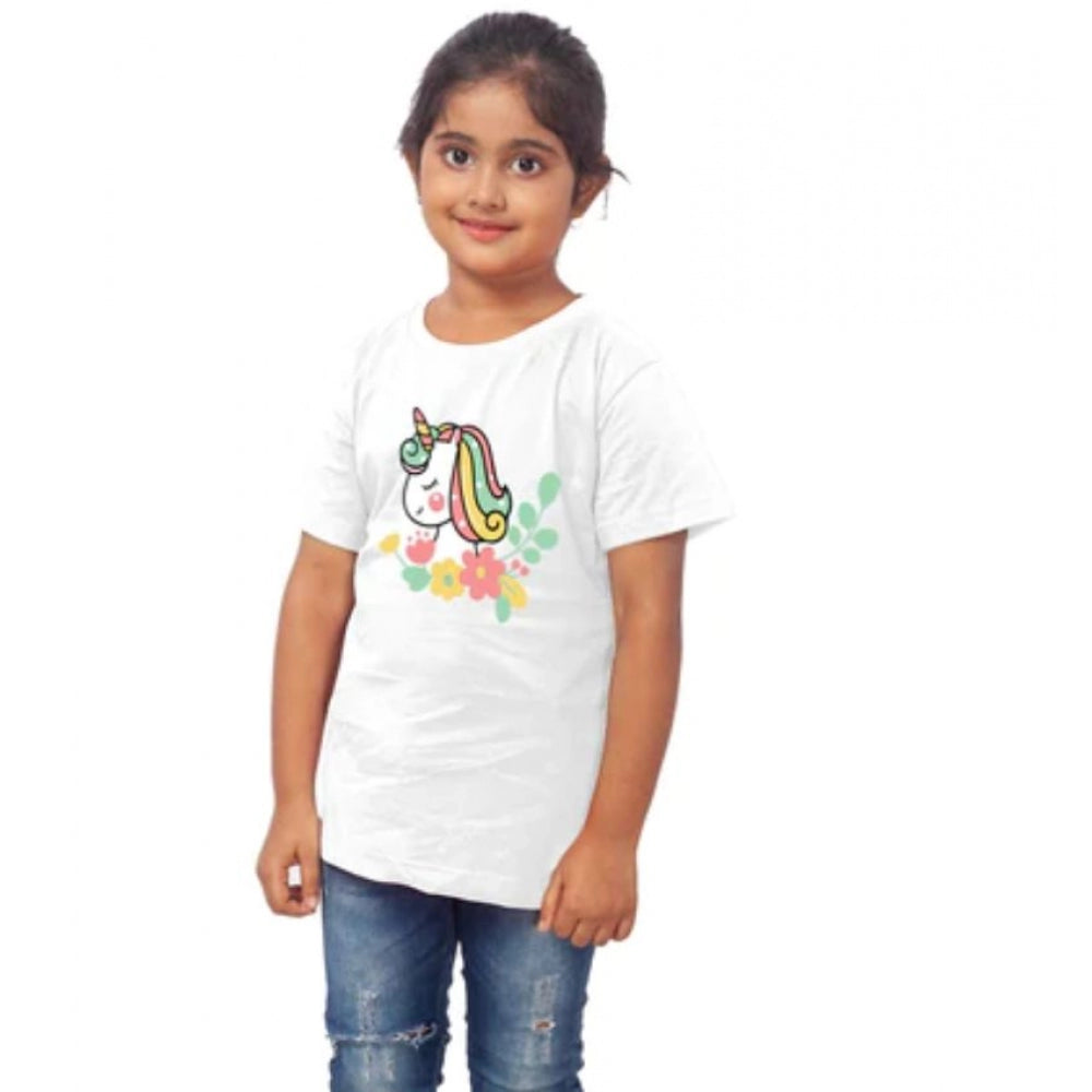Girls Cotton Unicorn Face Half Sleeve T-Shirt - White