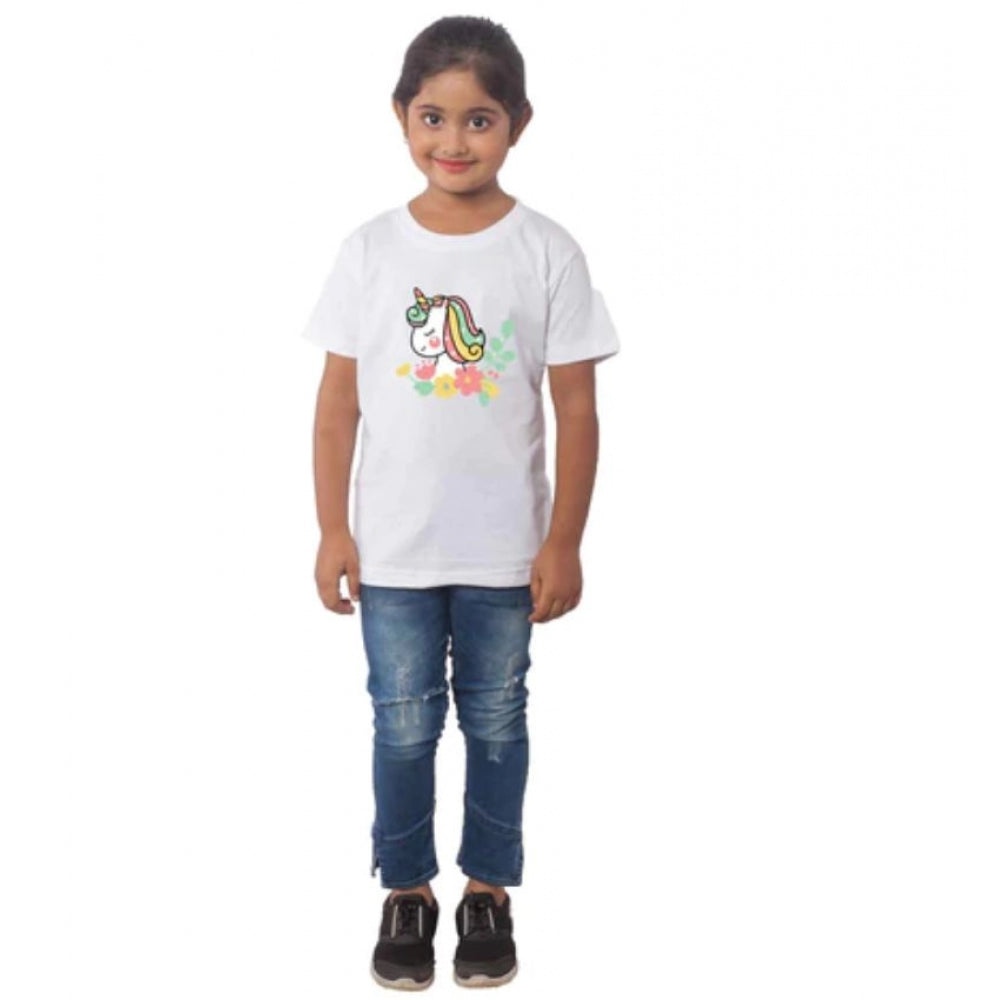 Girls Cotton Unicorn Face Half Sleeve T-Shirt - White