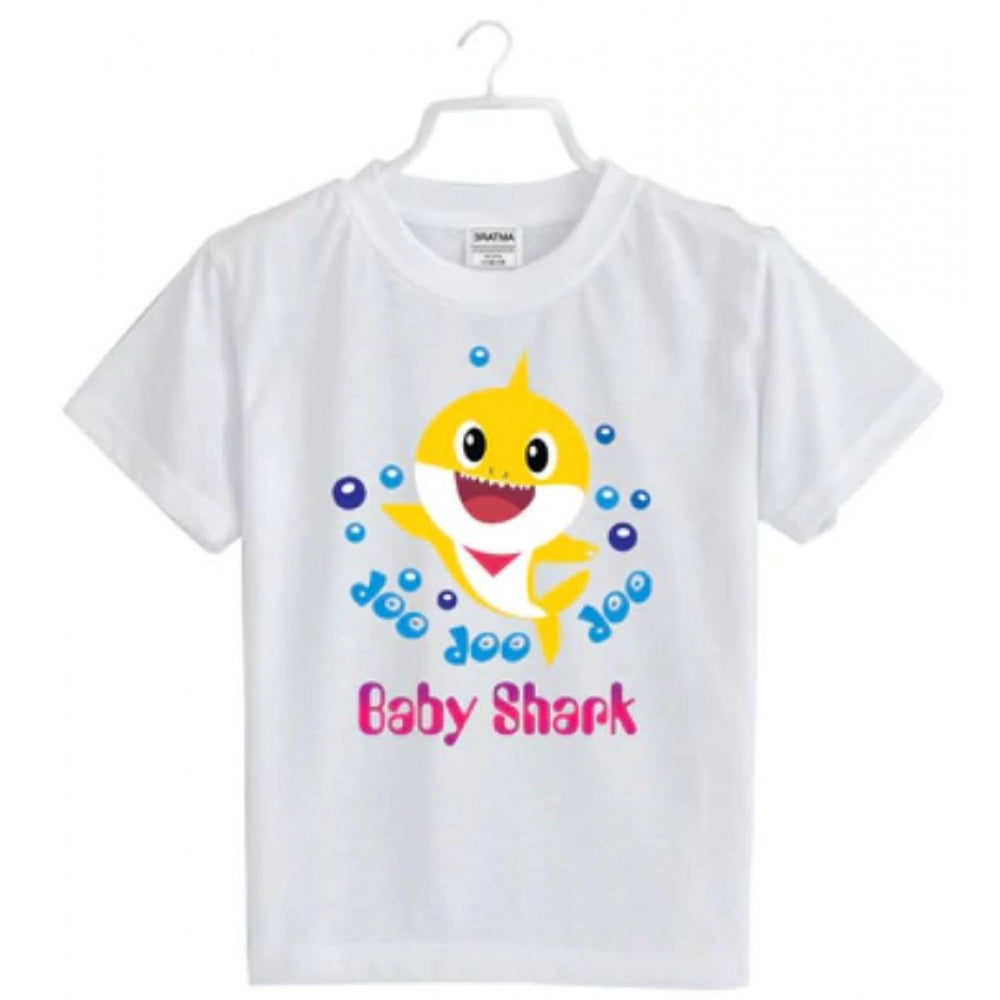 Girls Cotton Baby Shark Half Sleeve T-Shirt - White