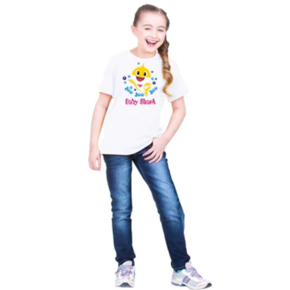 Girls Cotton Baby Shark Half Sleeve T-Shirt - White