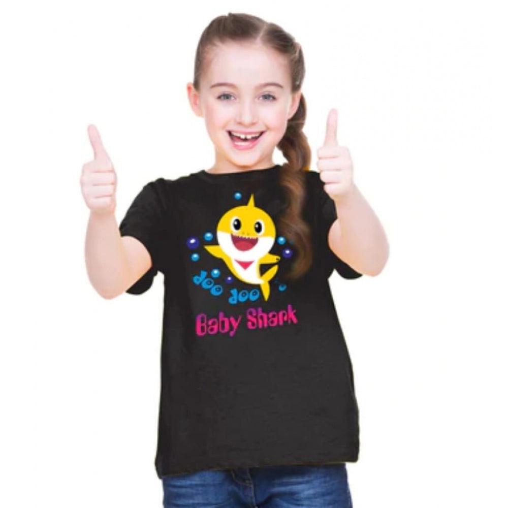 Girls Cotton Baby Shark Half Sleeve T-Shirt - Black