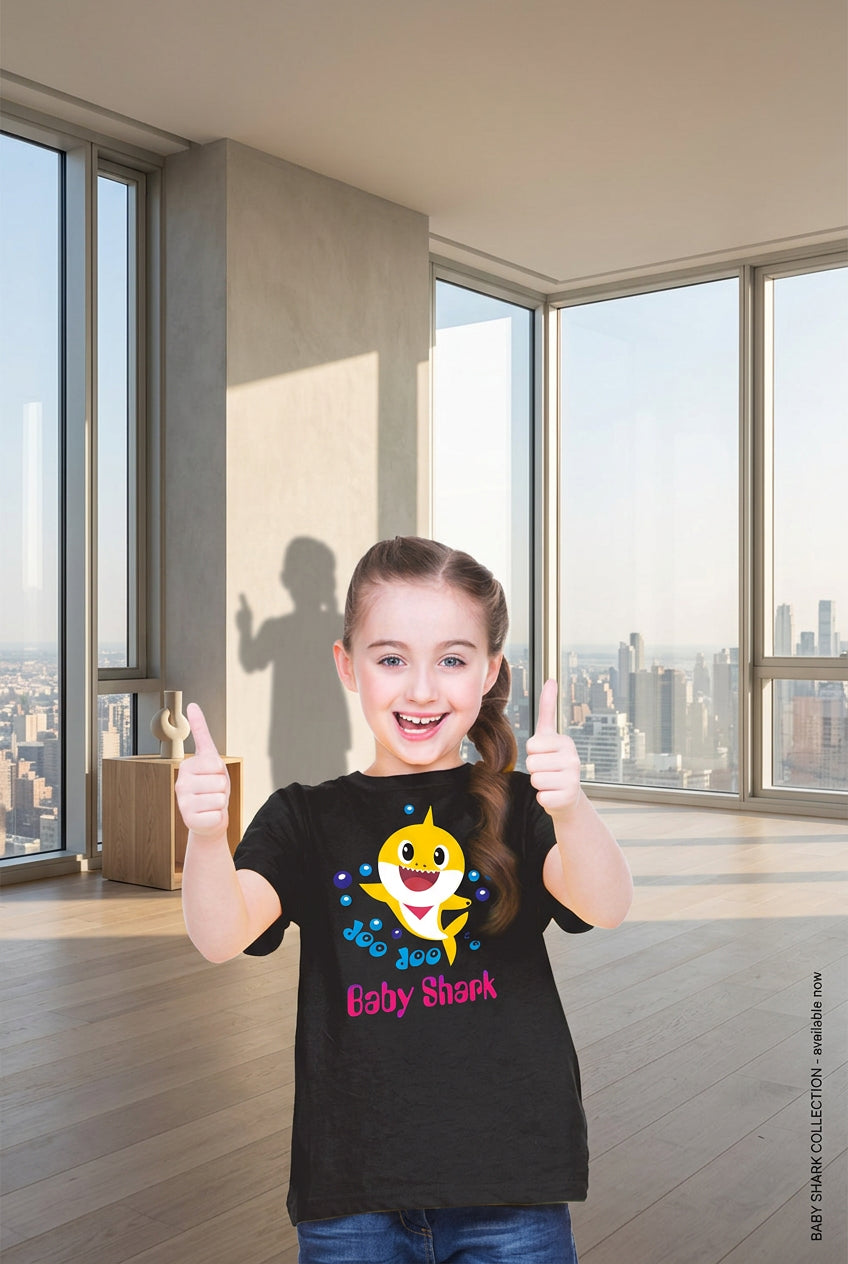 Girls Cotton Baby Shark Half Sleeve T-Shirt (Black) - kids clothing at POPNOVA