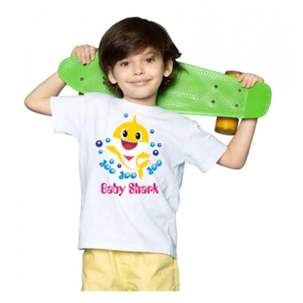 Boys Cotton Baby Shark Half Sleeve T-Shirt - White