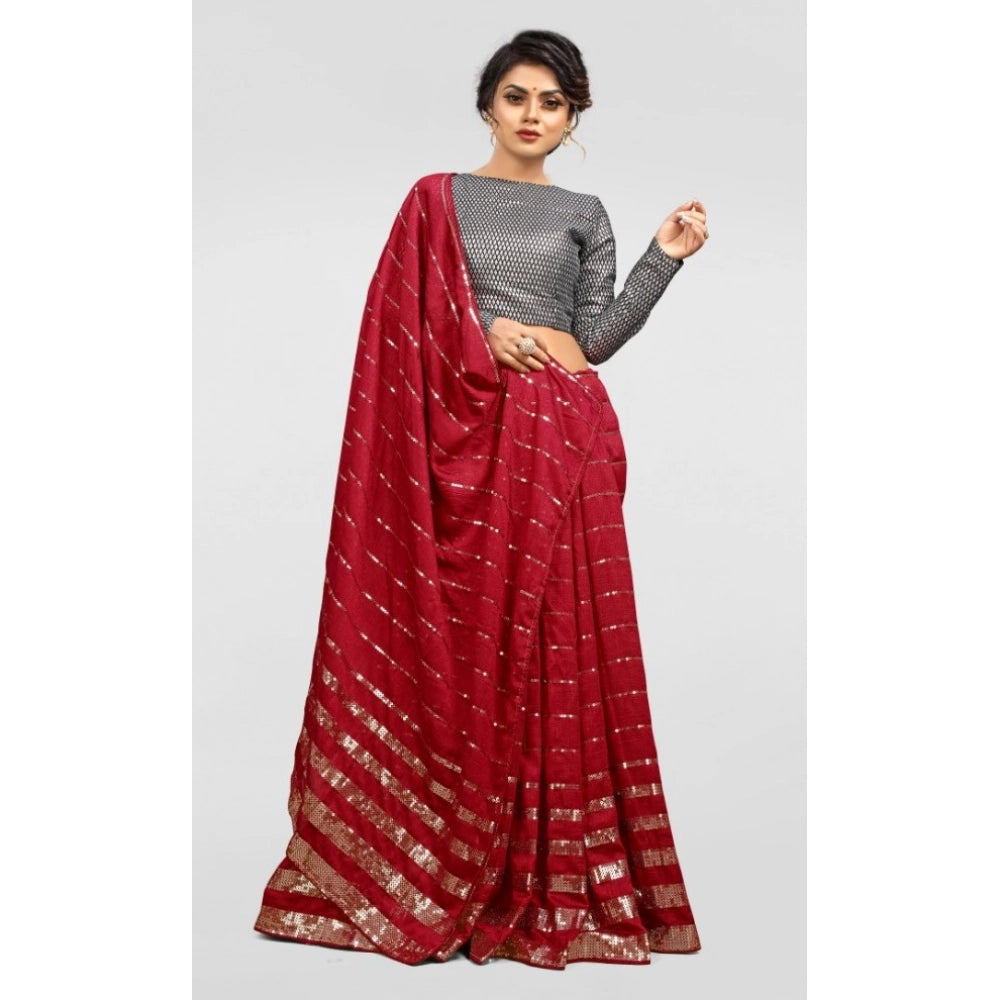 Women's Vichitra Saree With Blouse (Red, 5-6 Mtrs)