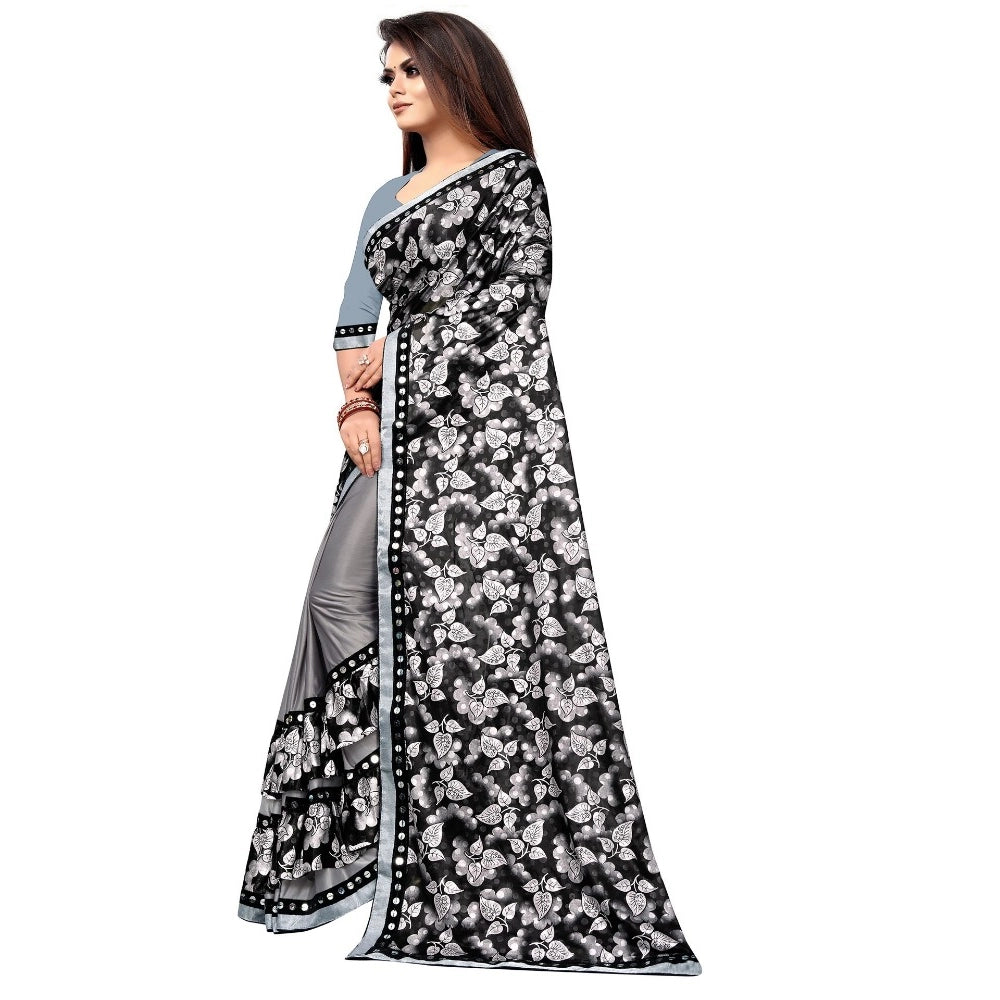 Women's Lycra Blend Saree With Blouse (Grey, 5-6 Mtrs)