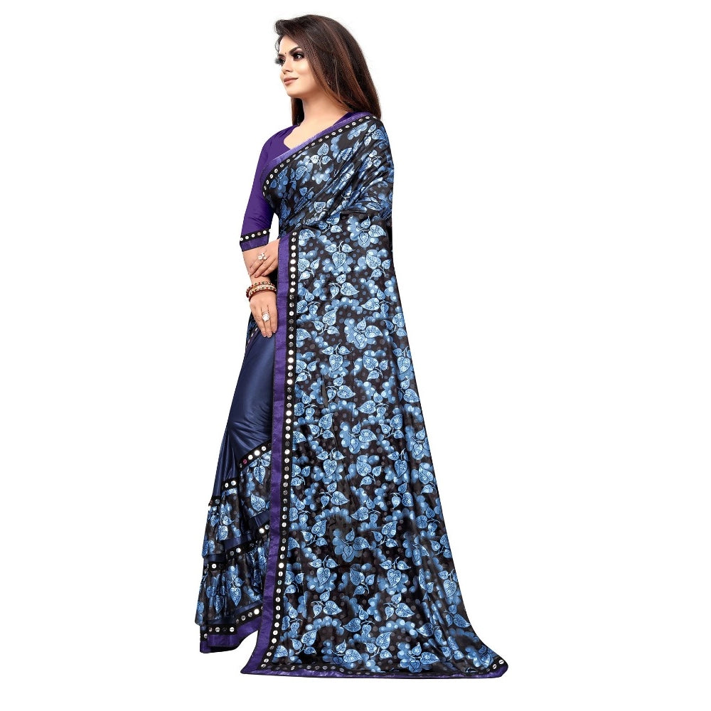 Women's Lycra Blend Saree With Blouse (Blue, 5-6 Mtrs)