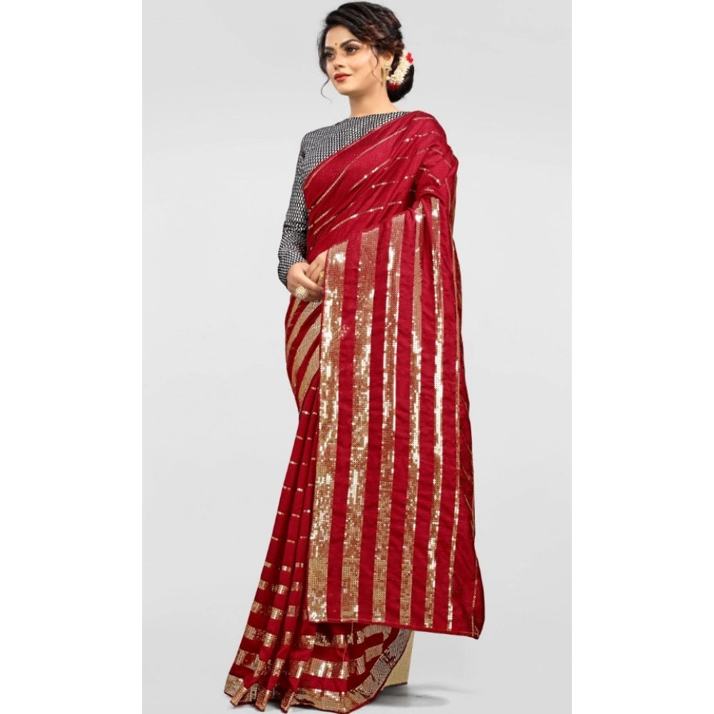 Women's Vichitra Saree With Blouse (Red, 5-6 Mtrs)