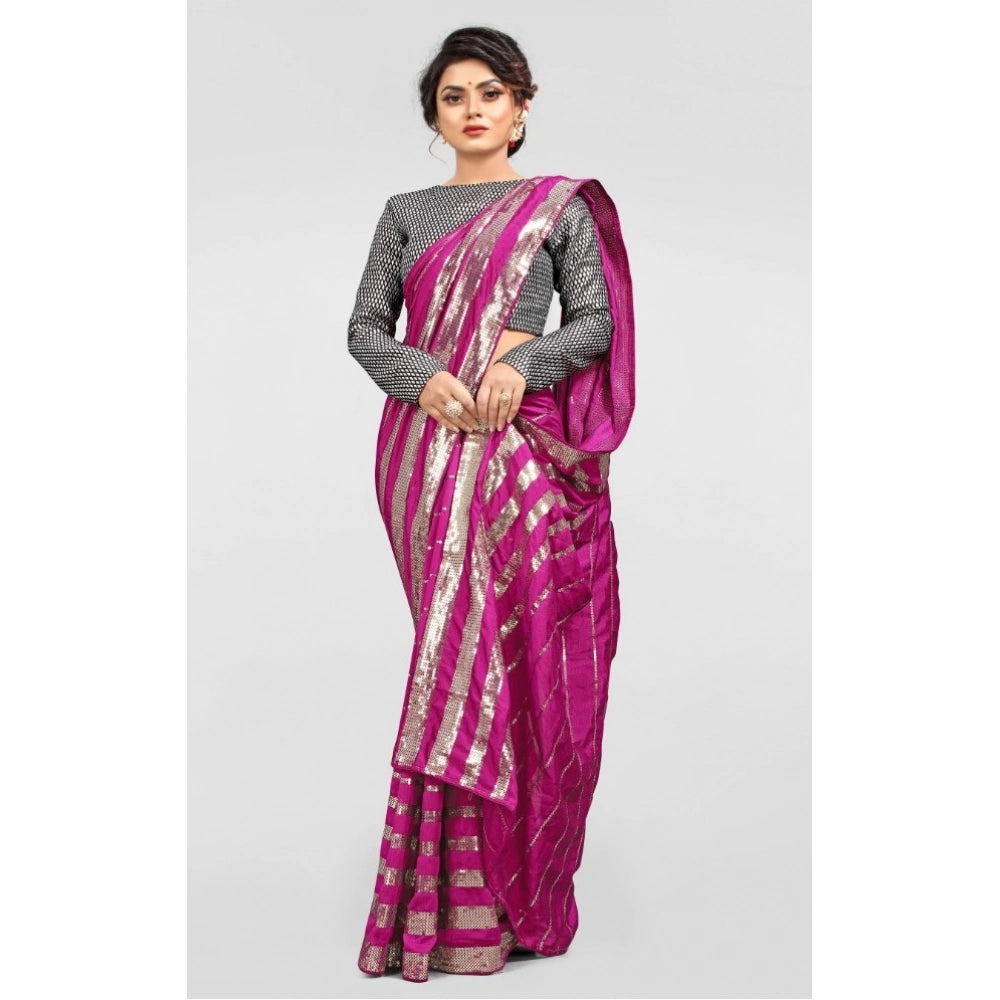 Women's Vichitra Saree With Blouse (Pink, 5-6 Mtrs)