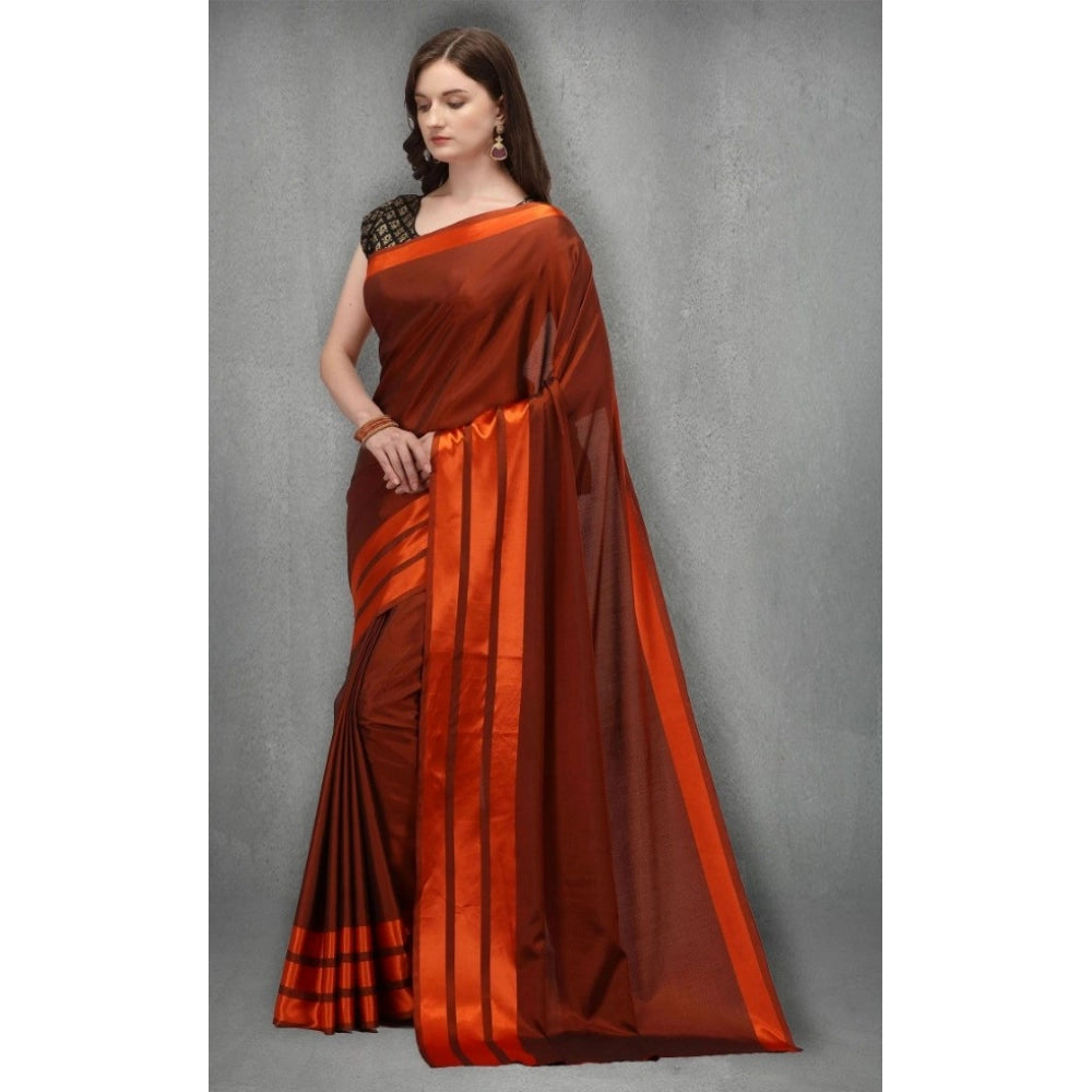 Women's Satin Silk Saree With Blouse (Orange, 5-6 Mtrs)