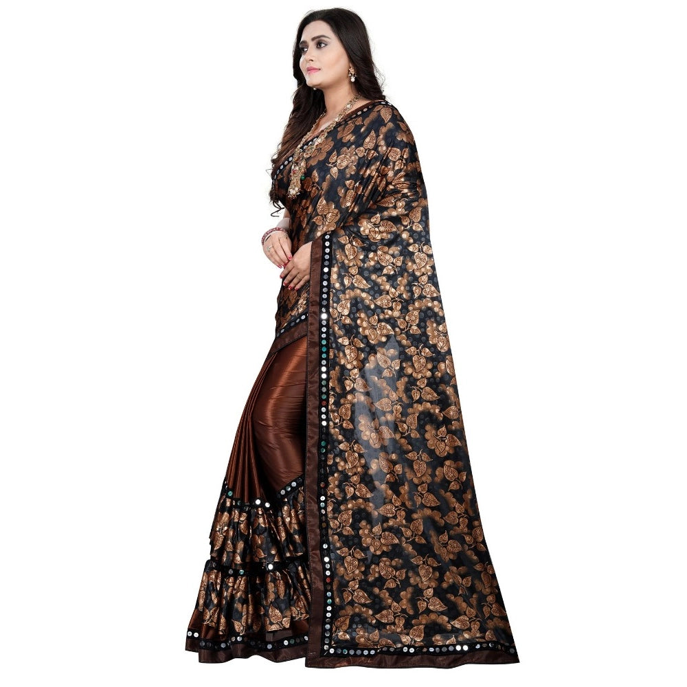Women's Lycra Blend Saree With Blouse (Coffee, 5-6 Mtrs)