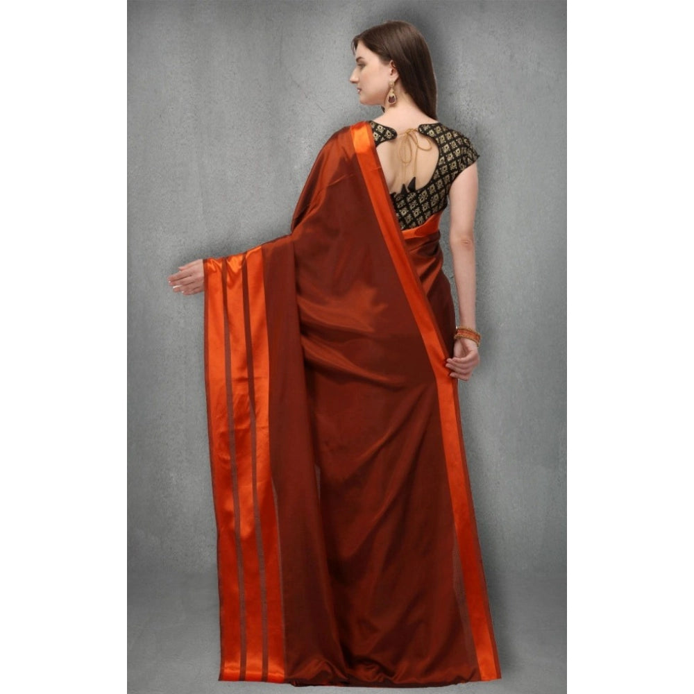 Women's Satin Silk Saree With Blouse (Orange, 5-6 Mtrs)