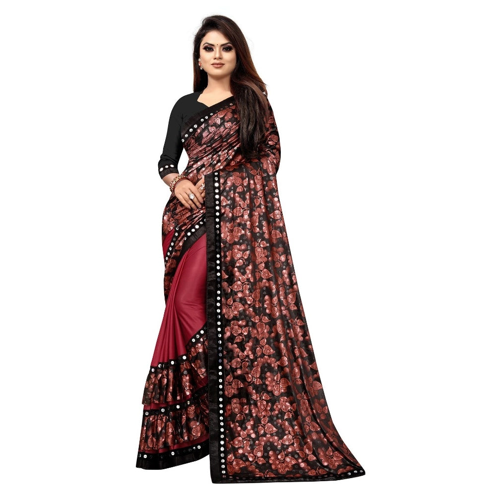 Women's Lycra Blend Saree With Blouse (Red, 5-6 Mtrs)
